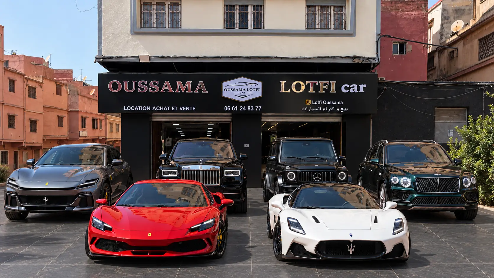 Sélection de voitures de luxe devant le garage Oussama Lotfi Car à Casablanca